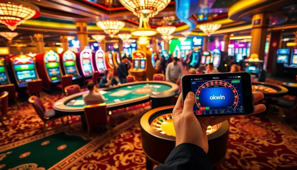 Players engaging in thrilling games at a luxury casino, featuring Okwin online betting sensors and flashing slot machines.