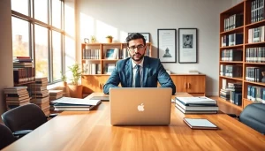 Engaged intellectual property lawyer reviewing legal documents in a modern office.