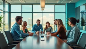 Engaged team at a marketing agency Fort Myers collaborating in a vibrant workspace.