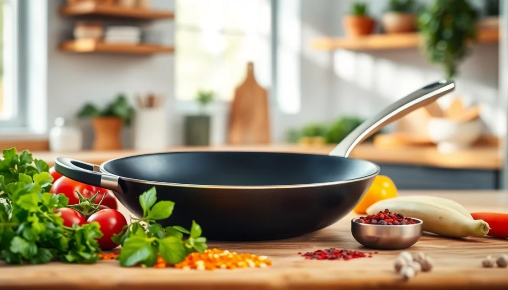 Cooking with a nonstick fry pan NZ featuring fresh ingredients in a modern kitchen setup.
