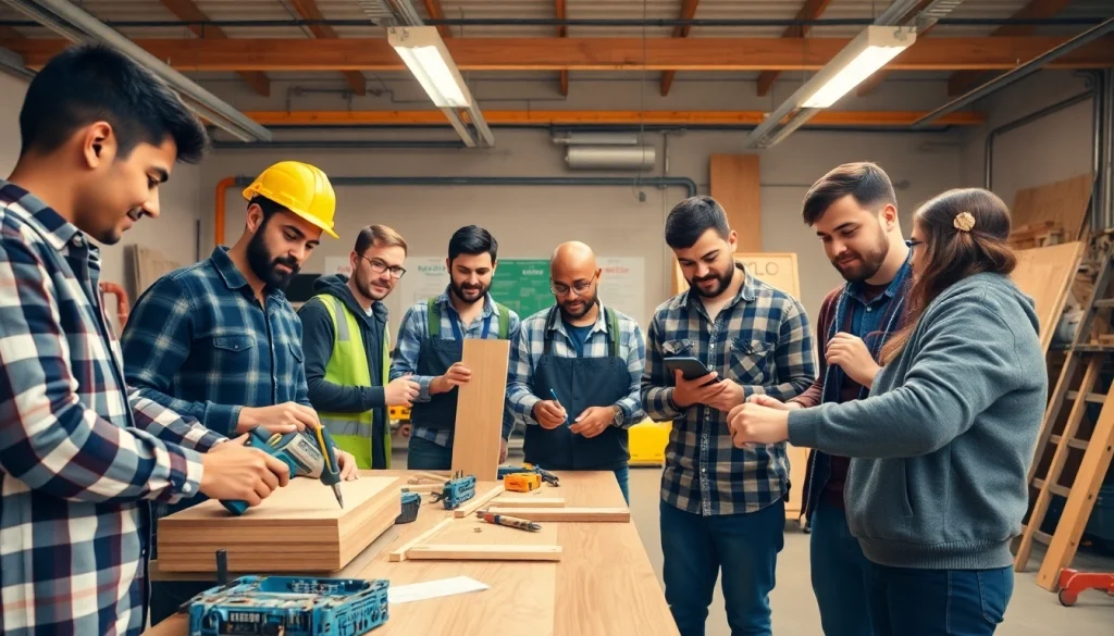 Students at construction trade schools in texas engaged in hands-on projects in a professional workshop.