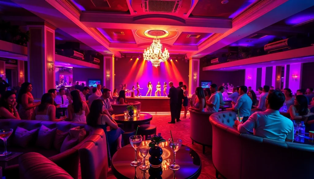 Club sxm's vibrant nightlife with elegant performers and guests enjoying cocktails.