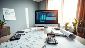 Profesjonalne przygotowanie biura rachunkowego dla firmy budowlanej z dokumentami finansowymi i planami budowlanymi.