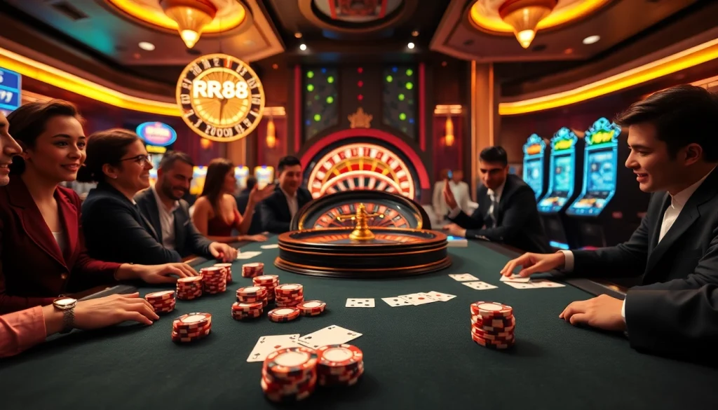 Experience the excitement of gambling at RR88 with vibrant poker chips and a roulette wheel.