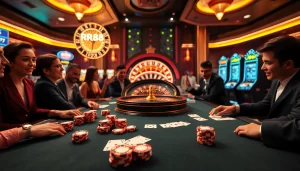 Experience the excitement of gambling at RR88 with vibrant poker chips and a roulette wheel.