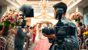 Videographer capturing a wedding moment with a DSLR camera in a vibrant venue.