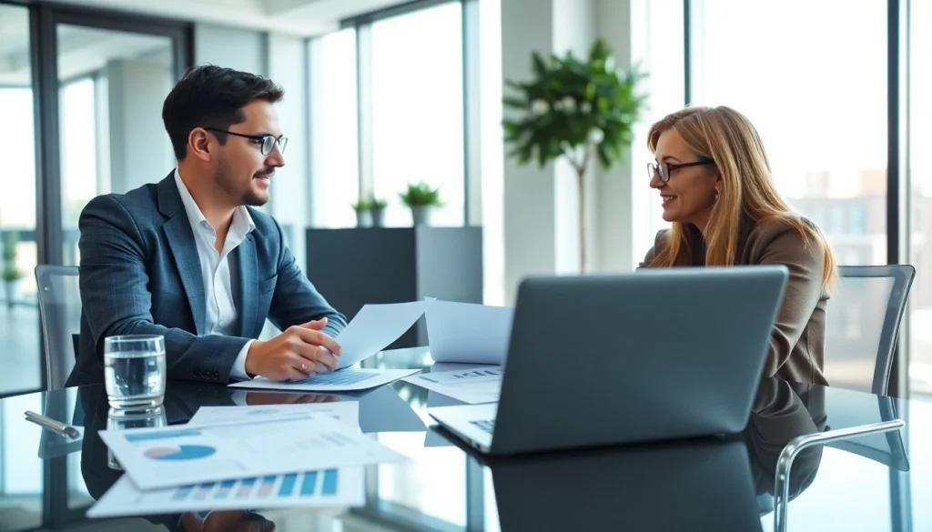 SMSF set up consultation between financial advisor and clients in a professional office.