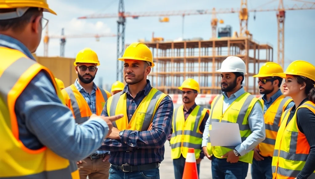Learn construction safety training with professionals in action at a busy construction site.