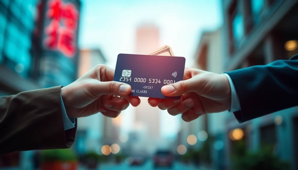 카드깡을 나타내는 신용카드와 현금 교환의 장면