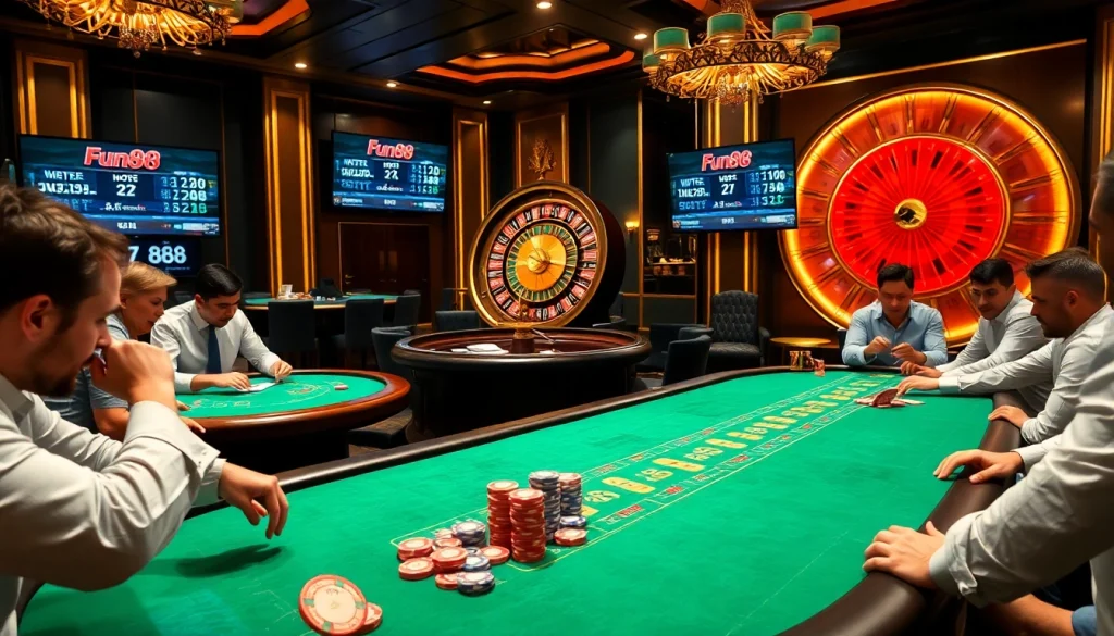 Excited players engaging in poker and blackjack at a luxurious Fun88 casino table amidst vibrant betting activity.