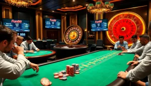 Excited players engaging in poker and blackjack at a luxurious Fun88 casino table amidst vibrant betting activity.