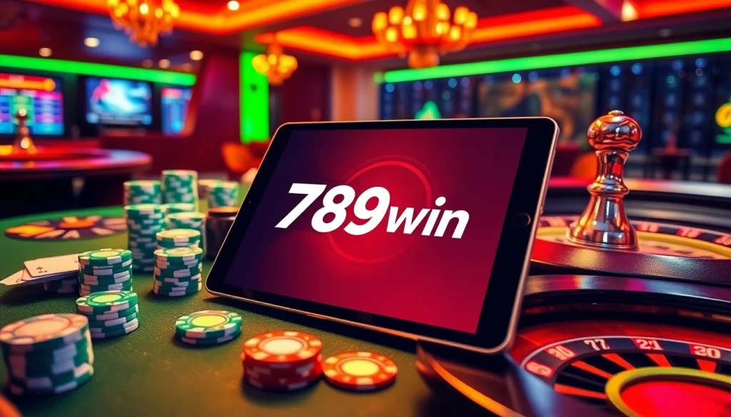 Engage with the 789win app showcasing a vibrant casino atmosphere filled with poker chips and cards.