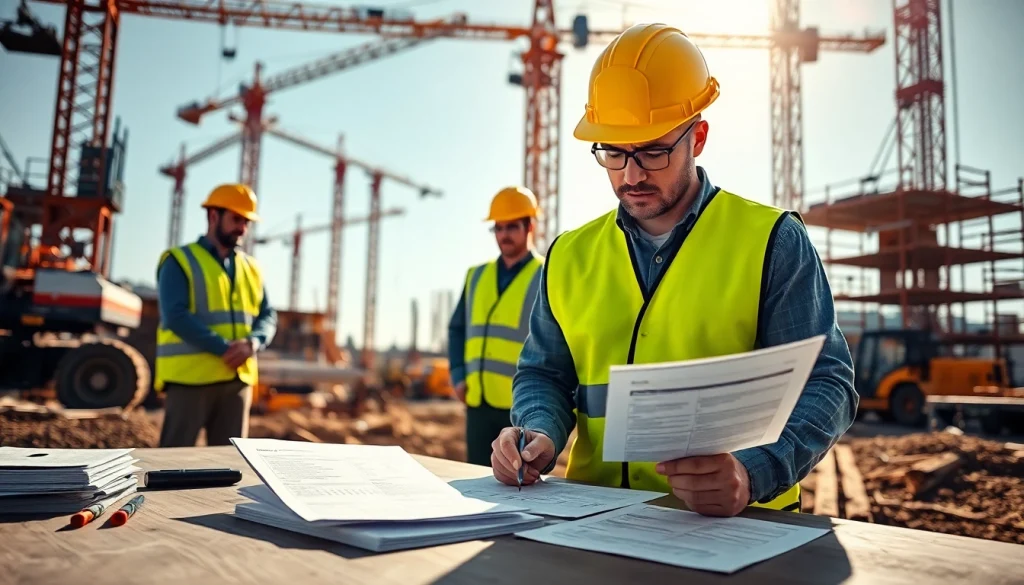 DAS 142 forms being filled out at a construction site by workers in safety gear.