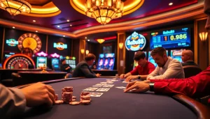 Players strategizing at a Babu88 poker table with casino elements, capturing high-stakes excitement.