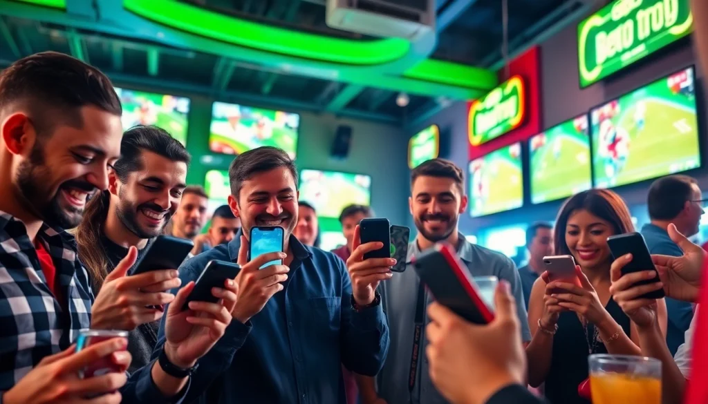 Engage in sports betting California with excited bettors using mobile apps in a lively sports bar setting.