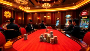 Experience excitement at VN88 casino with vibrant poker tables and roulette wheels.