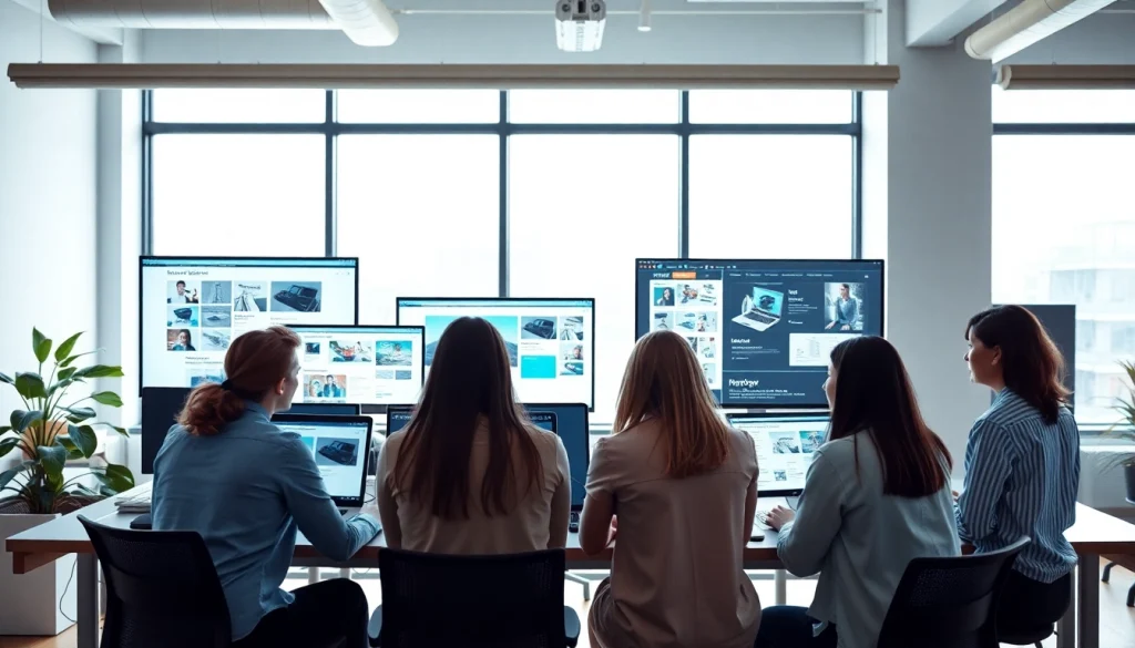 Illustration of web design Edmonton team collaborating in a bright modern workspace.