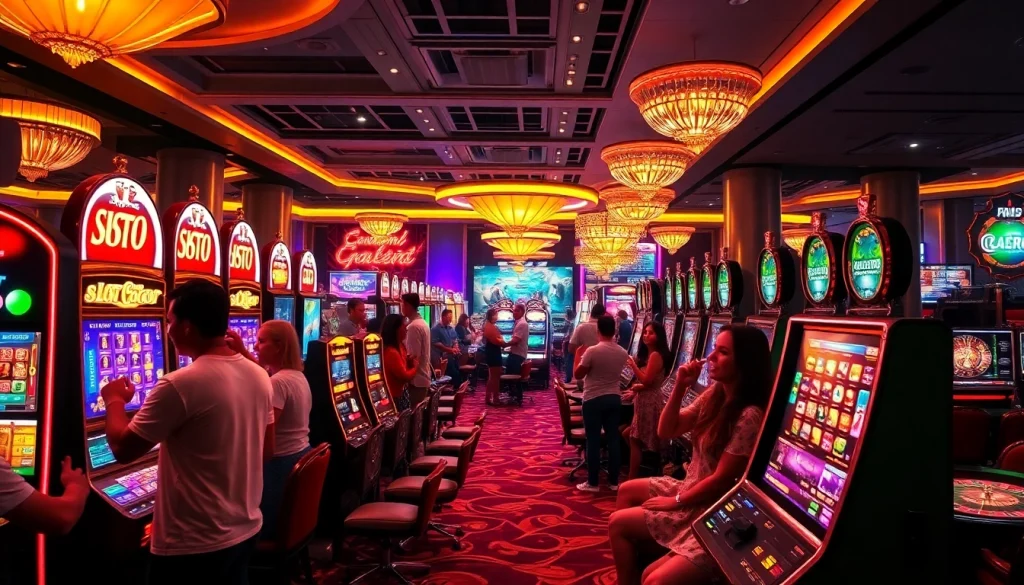 Players winning big on a Slot Gacor machine amidst a vibrant casino atmosphere.