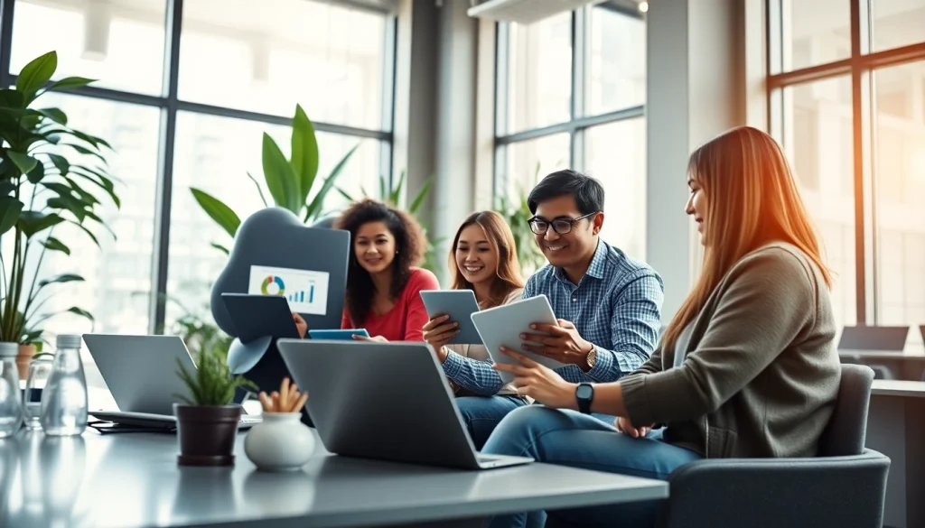 Team collaborating on WPS下载 software in a modern office, showcasing productivity and innovation.