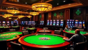 Exciting gaming scene at 123b casino featuring poker tables and a roulette wheel.