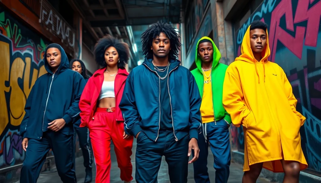 Stylish models showcasing the new streetwear clothing line in an urban setting.