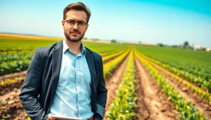 Consulting an experienced agriculture lawyer on farm legal matters with vibrant fields in the background.