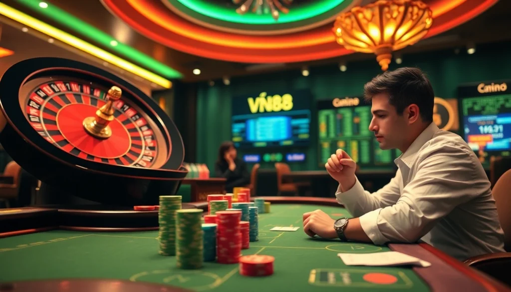 Engaging casino scene featuring VN88 online gambling activities with excited players and vibrant games.