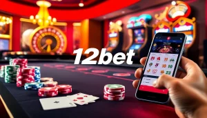 Experience thrilling betting action at 12bet with vibrant casino visuals, including cards, chips, and a roulette wheel.