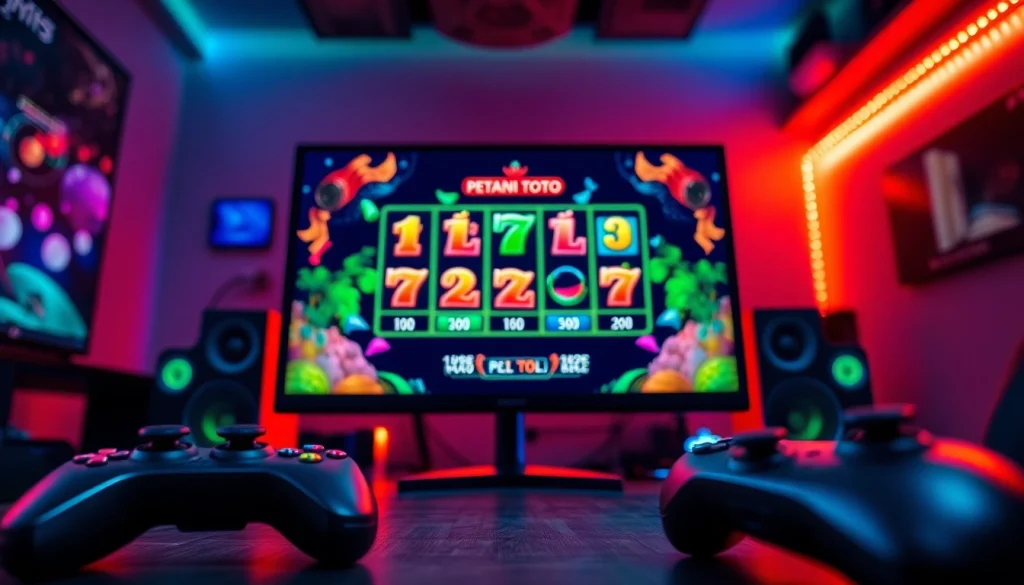 Menggambarkan suasana bermain 'petani toto' dengan setup gaming yang menarik.