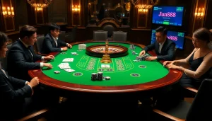 Experience the excitement of nhà cái Jun88 with a luxurious baccarat table surrounded by engaged players.