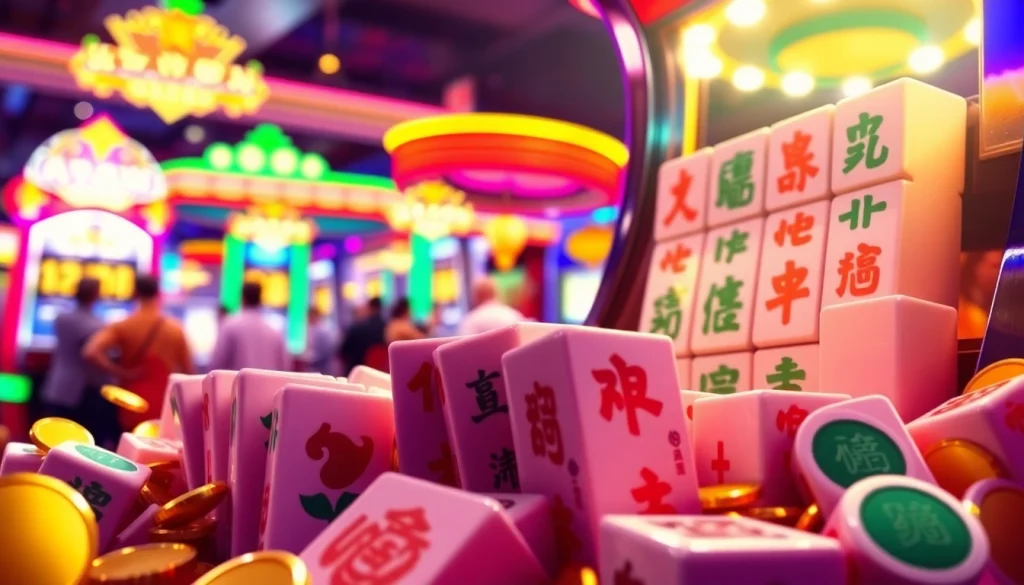 Bermain mahjong ways 2 di mesin slot dengan uang dan koin bersinar di kasino.