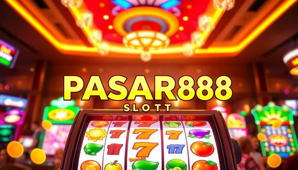 Putaran PASAR88 SLOT menampilkan mesin permainan slot berwarna cerah di latar belakang kasino yang dinamis.