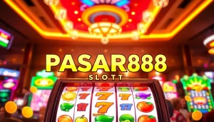 Putaran PASAR88 SLOT menampilkan mesin permainan slot berwarna cerah di latar belakang kasino yang dinamis.