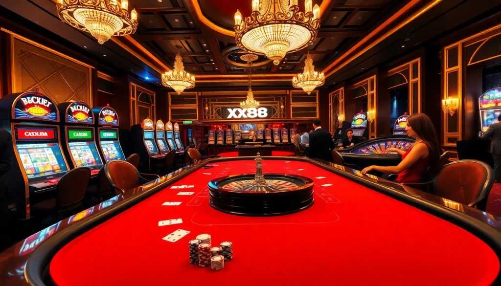 Experience high-stakes Baccarat at XX88's elegant casino setting, featuring vibrant gameplay and luxury elements.