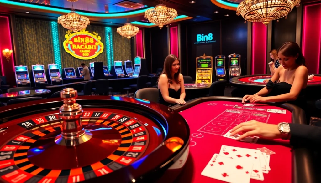 Experience the thrill of gambling at Bin88 casino with players celebrating their wins at roulette and poker.