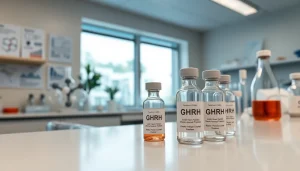 Highlight GHRH peptides for sale in a professional lab setting featuring vials and scientific tools.