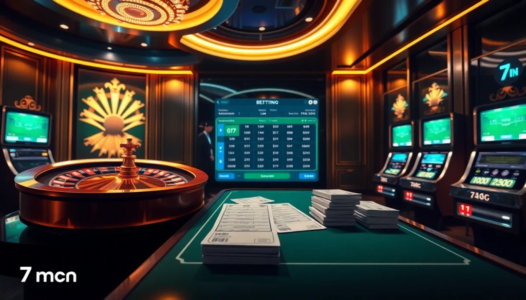 Experience the excitement of online sports betting with 7mcn as the backdrop of a vibrant casino setting.