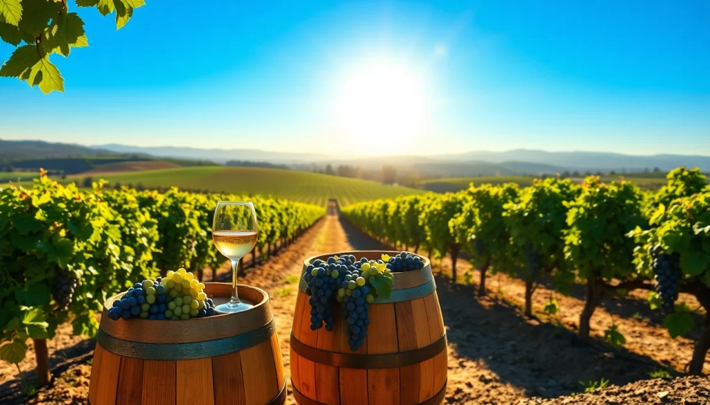 Toast among the wineries in Clarksburg with vibrant grapevines and sunlight.