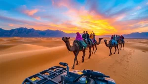 Marrakech camel ride and quad biking adventure in the Agafay Desert at sunset, showcasing tourists on camels and a quad bike.