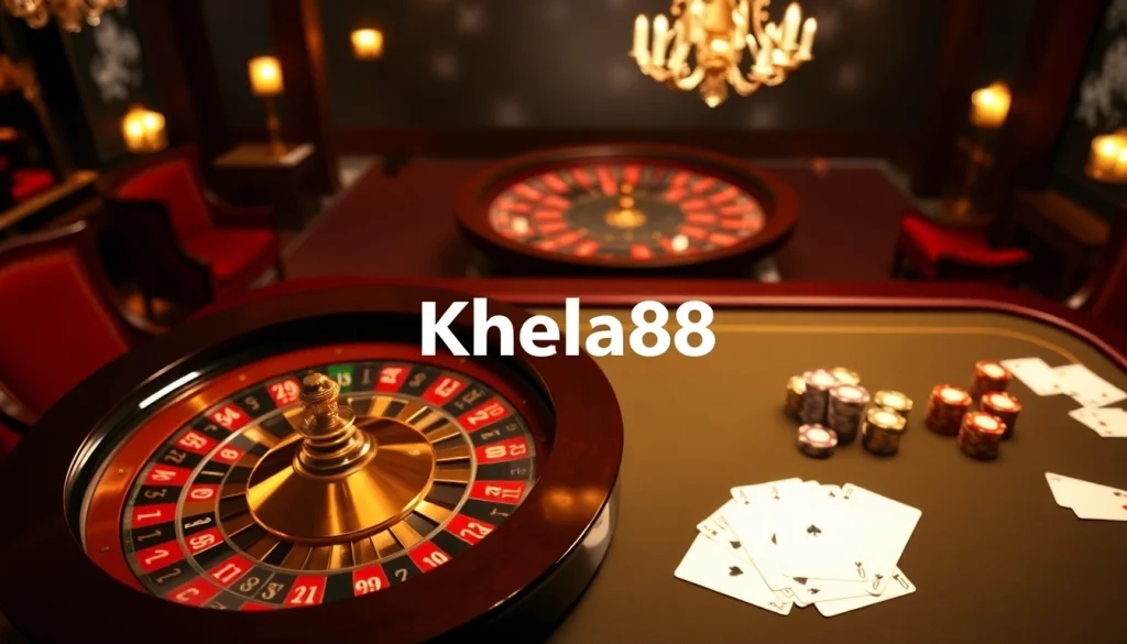 Khela88 Bangladesh sign on an elegant casino table with poker chips and cards for thrilling betting experiences.