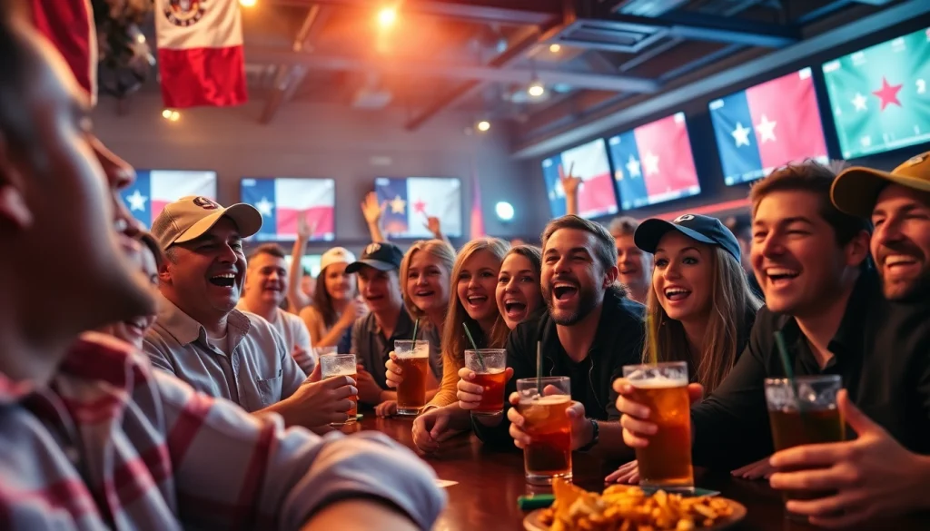 Capture excitement of sports betting Texas in a lively sports bar with enthusiastic fans.