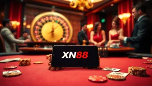 Experience excitement by downloading Tải App XN88 with a luxurious casino scene featuring vibrant poker and roulette.