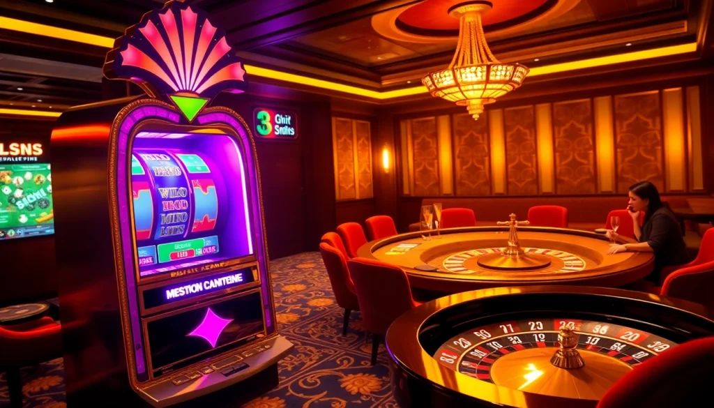 Experience a vibrant 슬롯커뮤니티 scene with luxurious slot machines and lively gambling atmosphere.