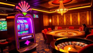 Experience a vibrant 슬롯커뮤니티 scene with luxurious slot machines and lively gambling atmosphere.