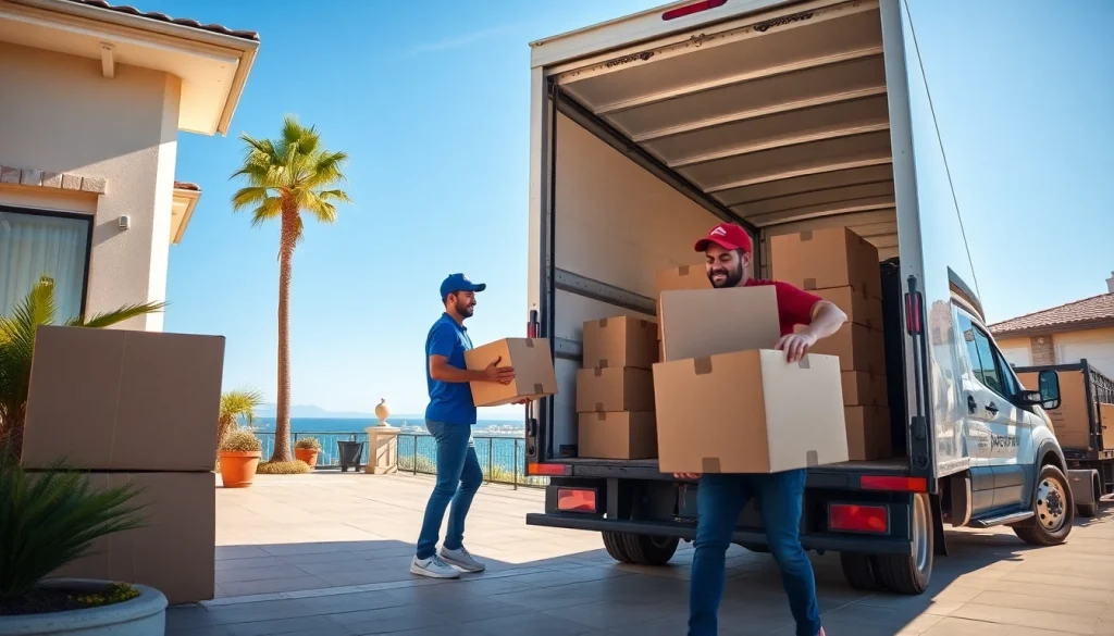 San Diego Mover team loading a truck with boxes in a sunny, coastal setting.