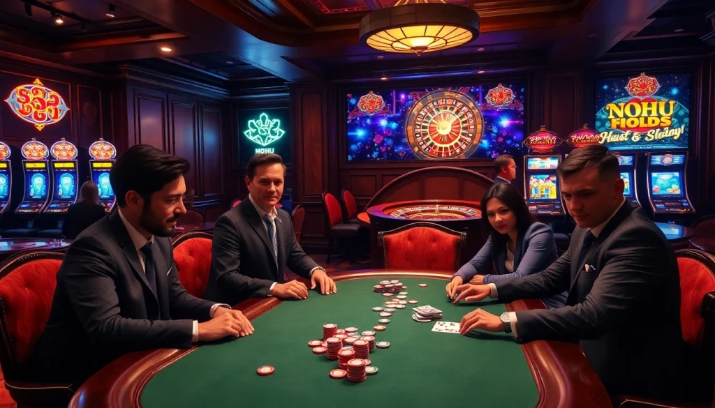Nohu-themed poker night with players engaged at a casino table under warm lighting.