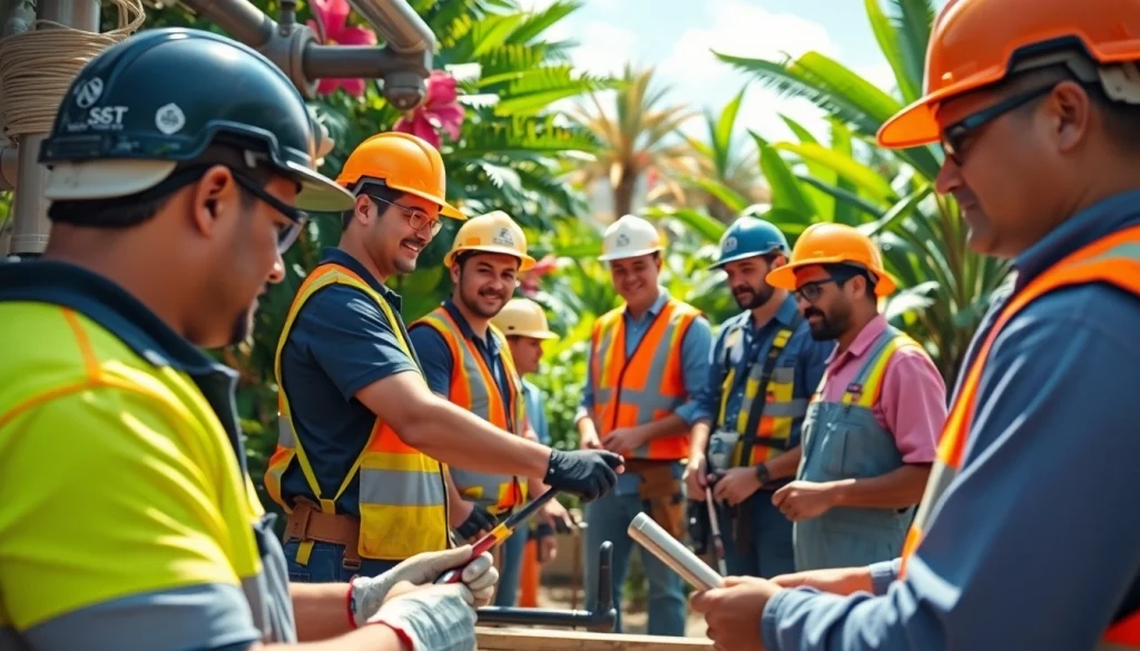 Showcase of professionals at hawaii trade schools engaged in hands-on training in a bright Hawaiian setting.