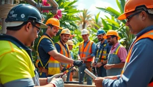 Showcase of professionals at hawaii trade schools engaged in hands-on training in a bright Hawaiian setting.