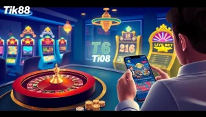 Trải nghiệm sự phấn khích của tik 88 với cảnh casino sống động có bàn chơi tương tác và máy đánh bạc.