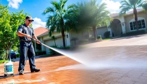 Pressure wash expert cleaning a driveway in Kissimmee, showcasing professional exterior restoration services.